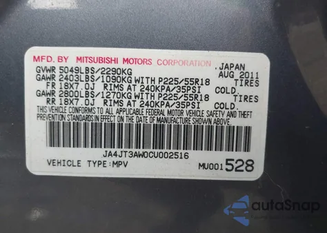 2012 Mitsubishi Outlander Se from USA, damaged, VIN JA4JT3AW0CU002516